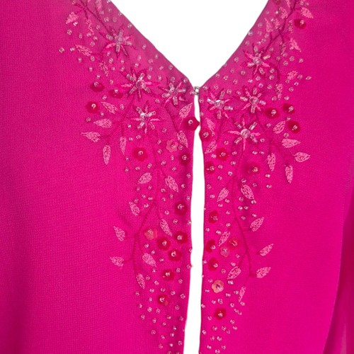 Blusa transparente Mila Paoli rosa con cuentas Reino Unido 16 | Top de fiesta de gasa cuello en V manga larga - Imagen 4 de 7