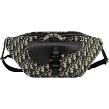 AUTH CHRISTIAN DIOR SADDLE BELT BAG BEIGE COTTON JACQUARD SMOOTH CALFSKIN F/S