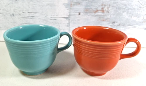 Lot of 2 Homer Laughlin Fiesta Ware Teal and Orange Coffee Cups