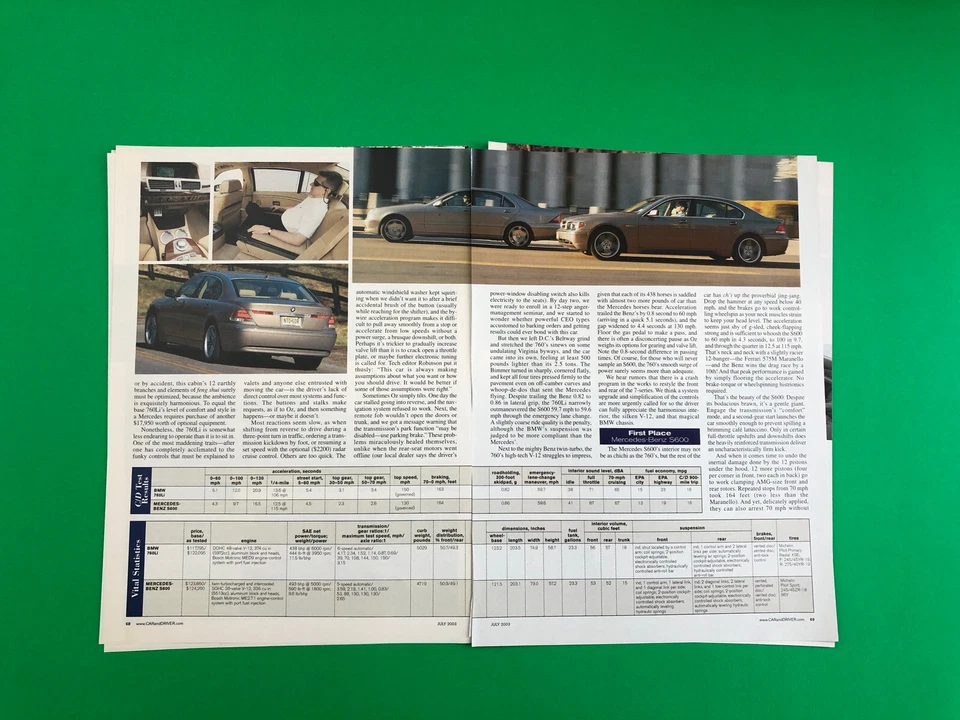 2003 MERCEDES BENZ S600 BMW 760Li ORIGINAL PRINT AD 7 PAGE ROAD TEST PRINTED - Image 3 of 4