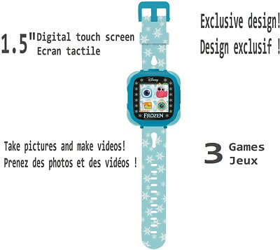 Lexibook, Frozen, Reloj con cámara selfie, Pantalla táctil HD, Cámara 720p, Reproductor MP3, Altavoz integrado, Dictáfono, Podómetro, 5 juegos, Azul/morado, DMW070FZ