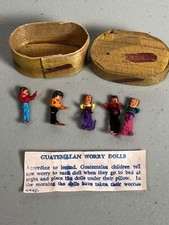 VTG Trouble Worry Dolls Set 5 w/ Basket Box Story Card Guatemala Handmade 1980s