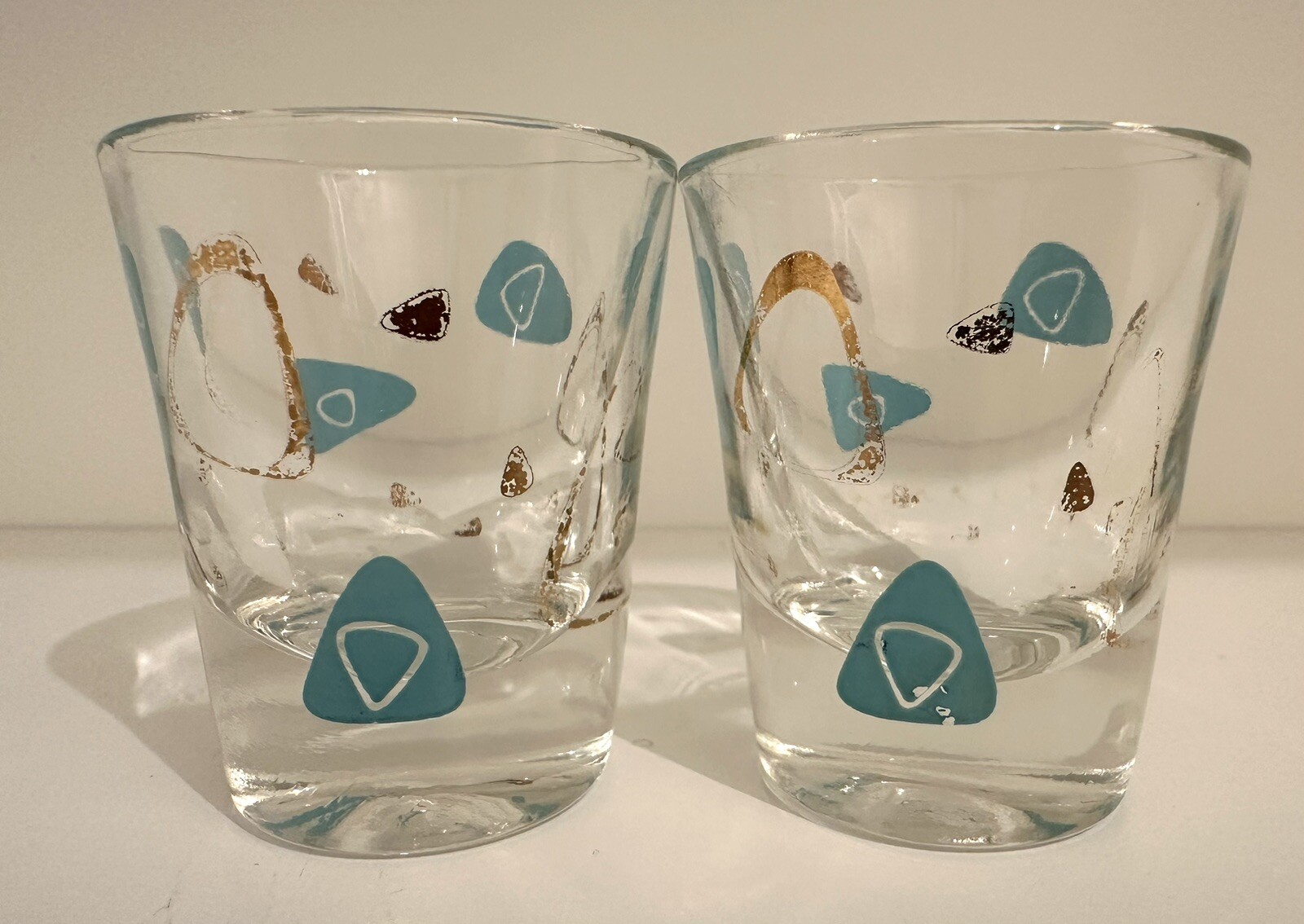 SET OF 2 Vintage Atomic Amoeba Boomerang Shot Glasses 2 1/4" Falak