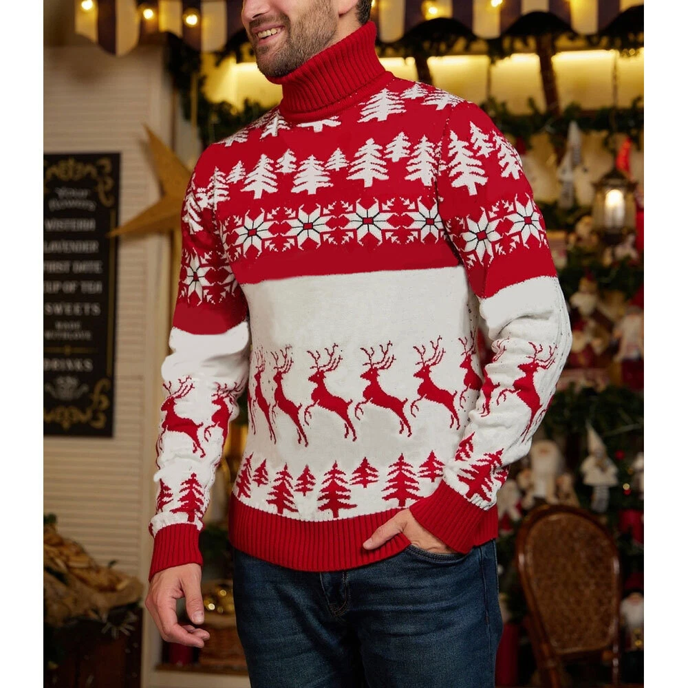 Christmas Pullover Jumper Long Sleeve Xmas Mens High Neck Knitted