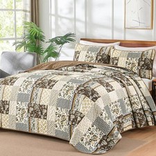 WONGS Queen Quilt Set Patchwork Plaid Floral Microfiber Coverlet All Season