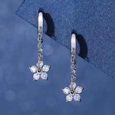 925 Sterling Silver Flower Chain Hoop Earrings Star Huggie Hoop Xmas Gift