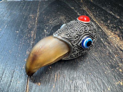 Handcrafted Tribal Eagle Beak Horn Pendant Necklace with Brass Cap and Eye Motif