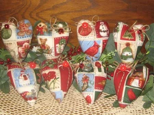 Country Christmas 8 Patchwork Fabric Hearts Table Top Tree Ornaments  Handmade