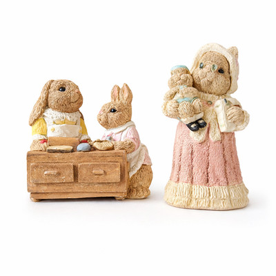 2 Vintage Easter Bunny Family Figurines Set Grandma Cookies United Design USA