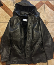 Vintage Leather Black Hooded Coat Jacket Basic Leather Men's Outerwear Size L