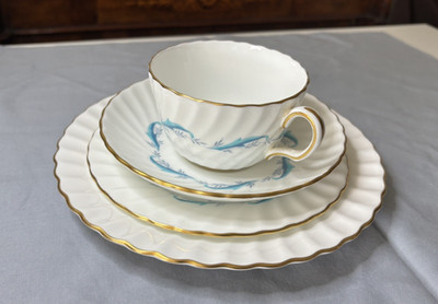 MINTON DOWNING BLUE 4-PCE BONE CHINA SET: CUP/SAUCER/BREAD/CAKE PLATE 1959 S 665