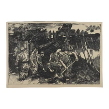 1962 Hungarian Etching – Soldiers/Workers Digging – Cold War Labor Scene