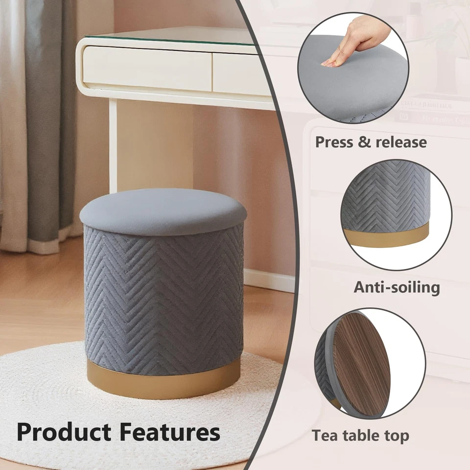 Otomana Redonda con Almacenamiento - Elegante Reposapiés con Patas Doradas, Perfecto como Co... Foto 2 de 4