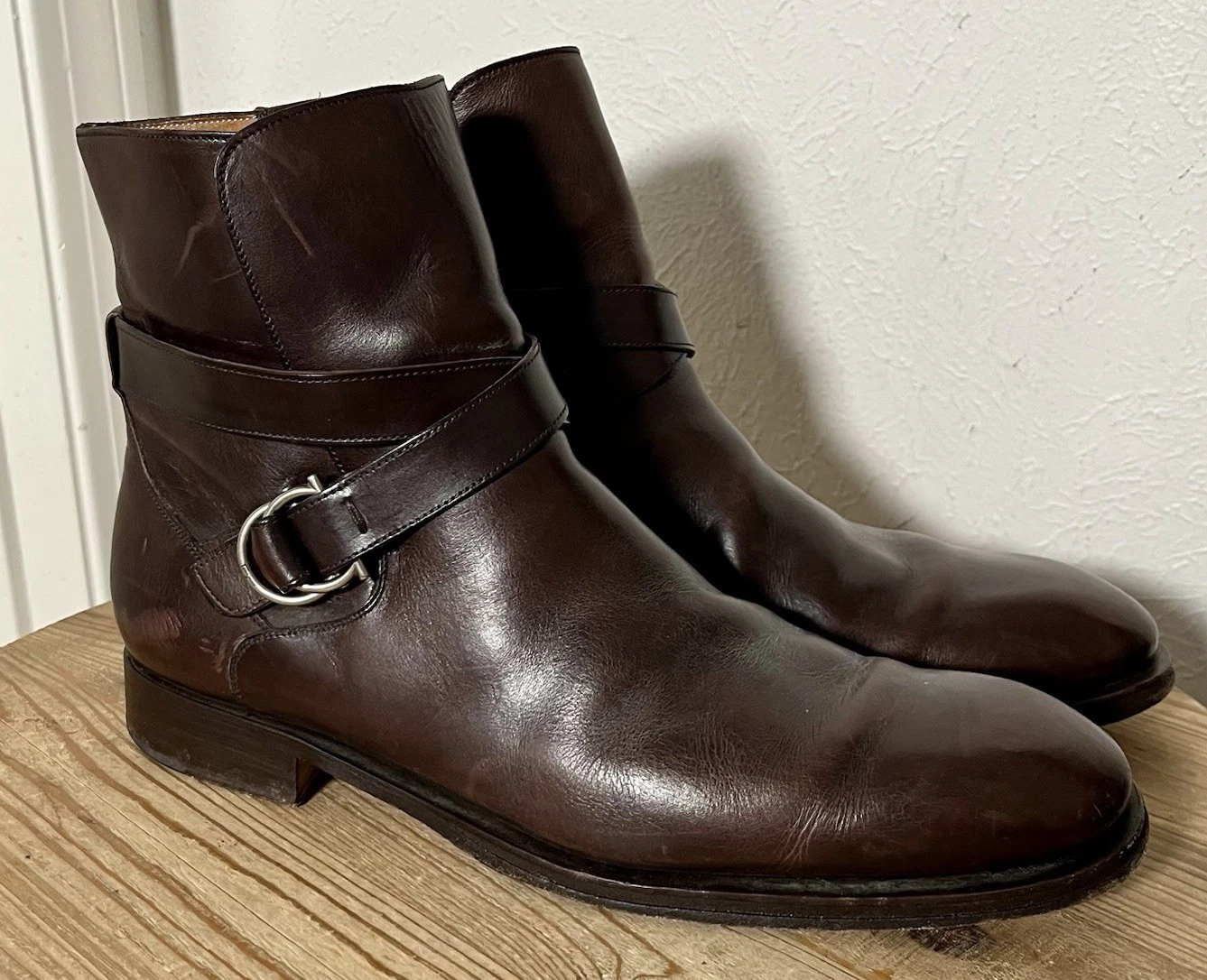 Ferragamo — Salvatore Ferragamo Brown Leather Ankle Jodhpur Boots Gancini Buckle Mens 12 D
