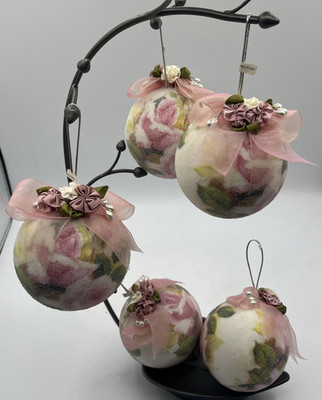 5 Shabby Chic Sugar Frosted 3  Round Pink Rose Hanging Ornament Ribbons Dillards