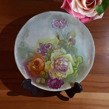 Dresden China Porcelain Plate with Colorful Roses 9.5" Distressed Crazing EUC