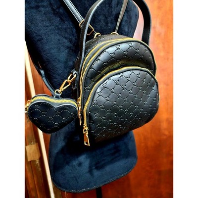 Mini Backpack Black Heart Pattern w/ Matching Heart Coin Purse, 3 Ways To Wear.