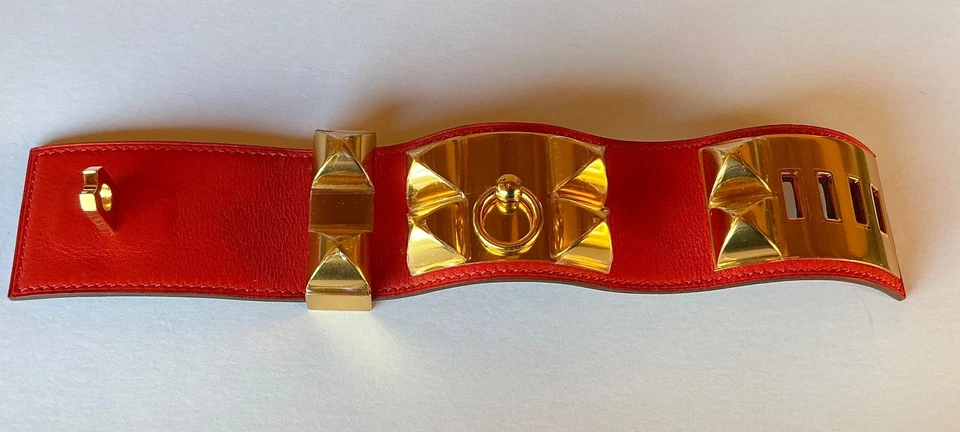 Pulsera Hermes Collier de Chien Tomate Rojo Swift Cuero Herrajes Dorados Talla S Foto 3 de 4