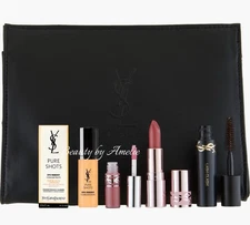 YSL 5PC Gift Set Black Cosmetic Bag Bundle Lip Oil Balm Mascara Serum Deluxe
