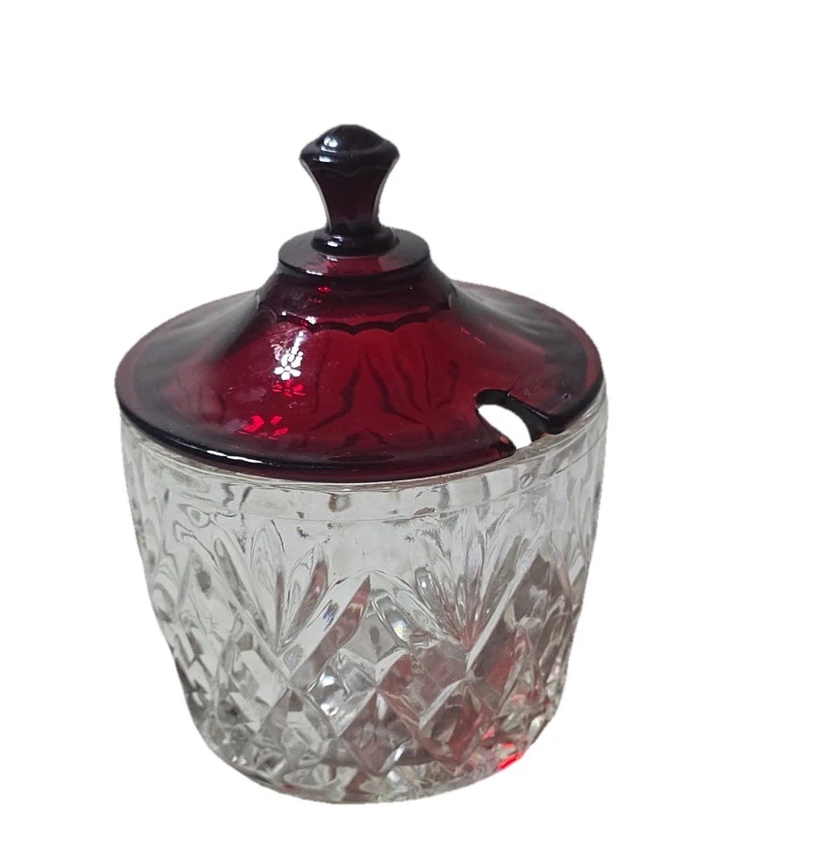 Vintage Anchor Hocking Covered Marmalade Jelly Jar Pineapple Fan Royal Ruby  Lid - Image 2 of 4