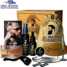 NIB Beard Growth Kit For Men Derma Roller Oil Serum Wash Balm Boosts Beard WOOD