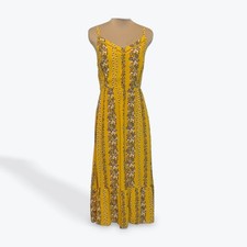 Old Navy Mustard Yellow Floral Stripe Smocked Midi Dress Womens Medium V-Neck