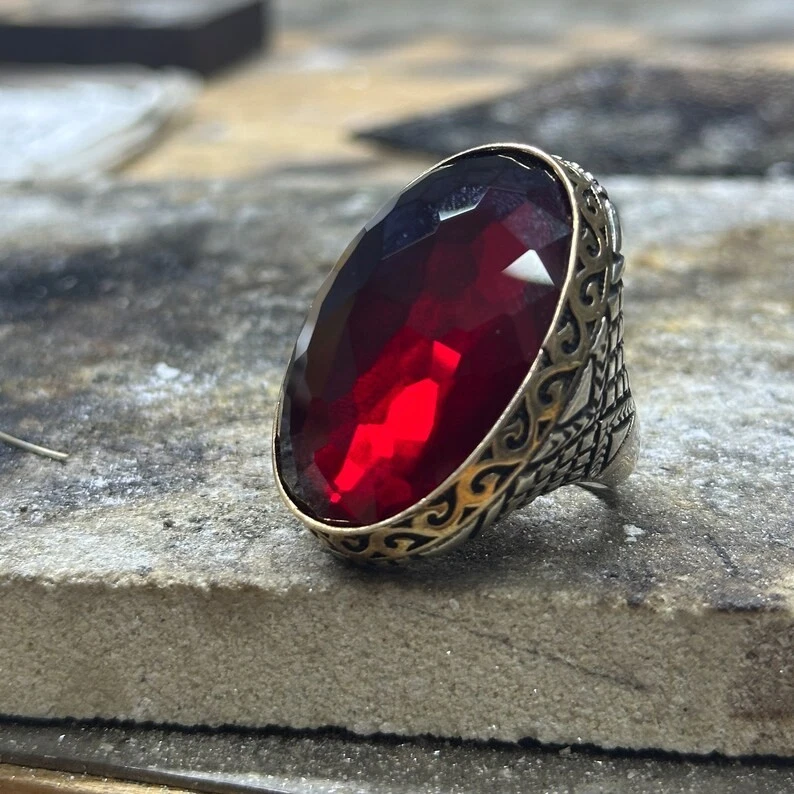 Anel masculino de prata esterlina 925 feito à mão grande de pedra rubi zircão - Imagem 2 de 4