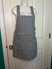 FOREVER 21 Black White Tweed Overall Dress Fringe Sleeveless Pockets Size S
