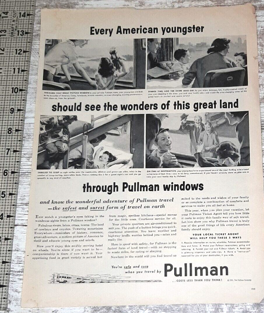 1955 Pullman Vintage Print Ad Train Car Sleeper Travel Mother Children Rails B&W
