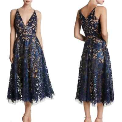 Dress The Population Navy Blue Nude Blair Embellished Fit & Flare Medium  $288 | eBay