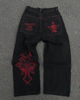 Y2k Jeans Mens Hip Hop Retro Skull Embroidery Washed Baggy Denim