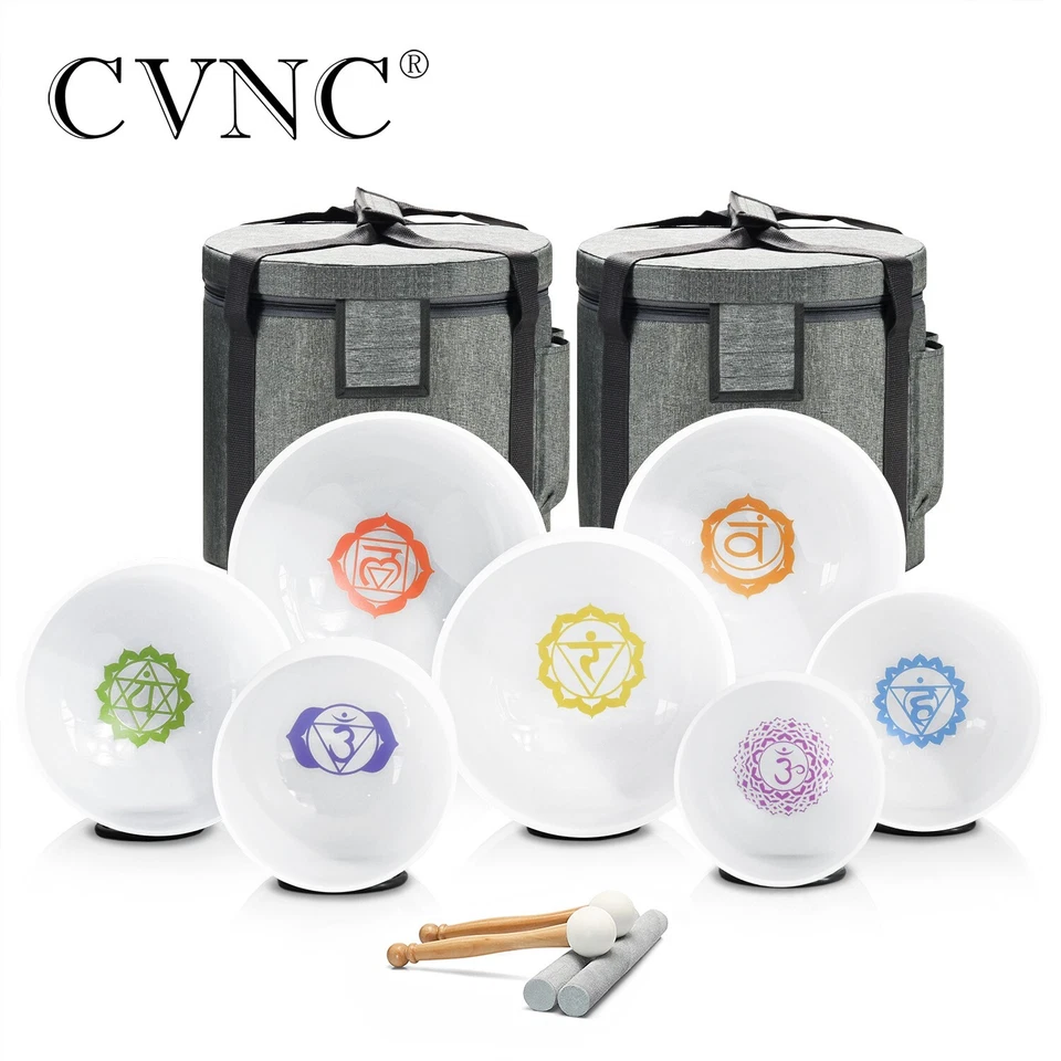 CVNC 432Hz 6''-12'' Sets 7Pcs Chakra Design Frosted Crystal Singing Bowl w/Case Yoga