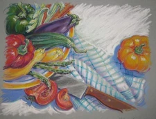 Vintage ORIGINAL Barbara Maslen 'VEGETABLES' Still Life Pastel ILLUSTRATION