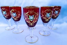 Czech bohemia cut crystalite glass - Liquer glasses 14cm red color + gold 6pcs I