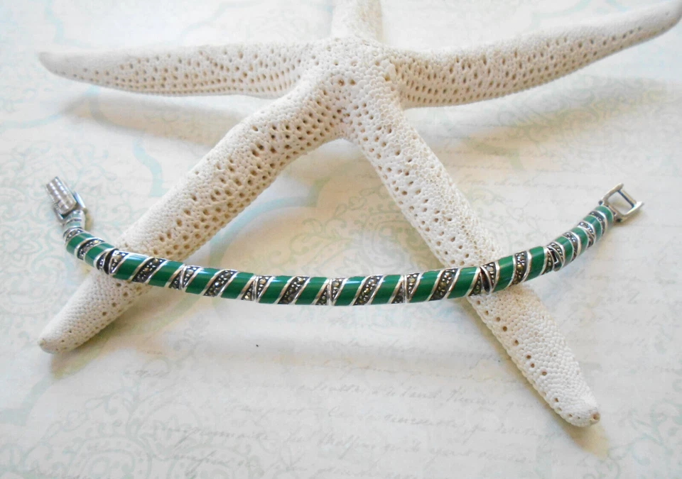 Pulsera Marcasita Verde Esmalte Plata de Ley 925 7.5" Cierre Plegable 20B24 Foto 3 de 4