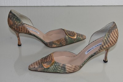Neu Manolo Blahnik Exotischer Python Pumps Dorsay Brown Grün Taupe Schuhe