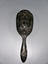 Vintage Vanity Heavy Silver Plate Hair Brush Raised Floral Design 8" AA