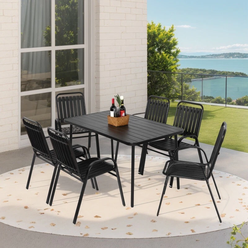 Juego de 7 piezas de comedor exterior mesa patio sillas muebles sillones jardín negro Foto 2 de 4