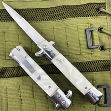 Falcon Mirror / Chrome with White Pearl Spring Assisted Stiletto Knife 3.75"