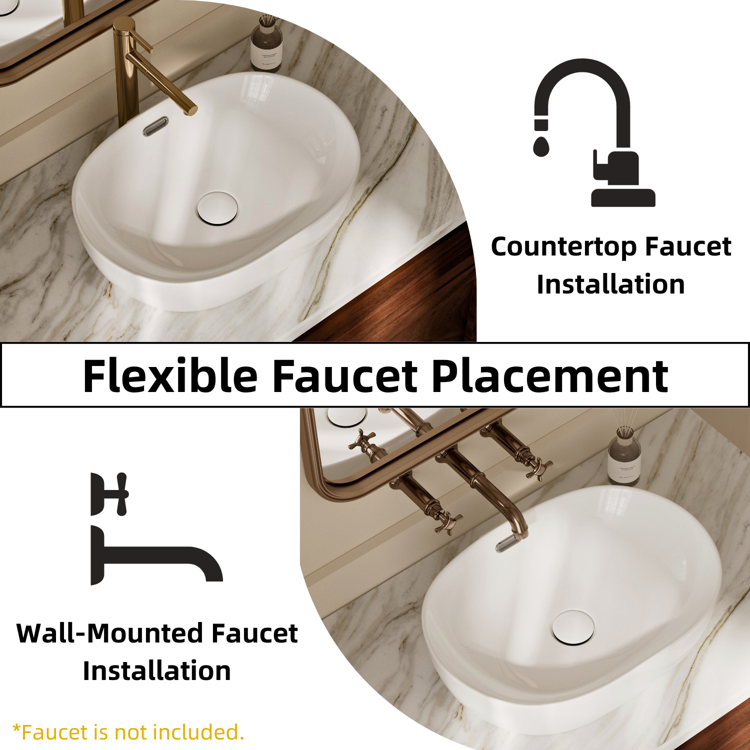 Los Flexi 19" x 14" Oval Vessel Sink with Overflow, White Ceramic Bathroom Sink