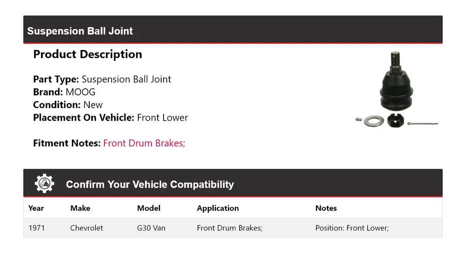 Chevrolet G30 1971 furgoneta suspensión rótula delantera inferior MOOG Foto 2 de 4