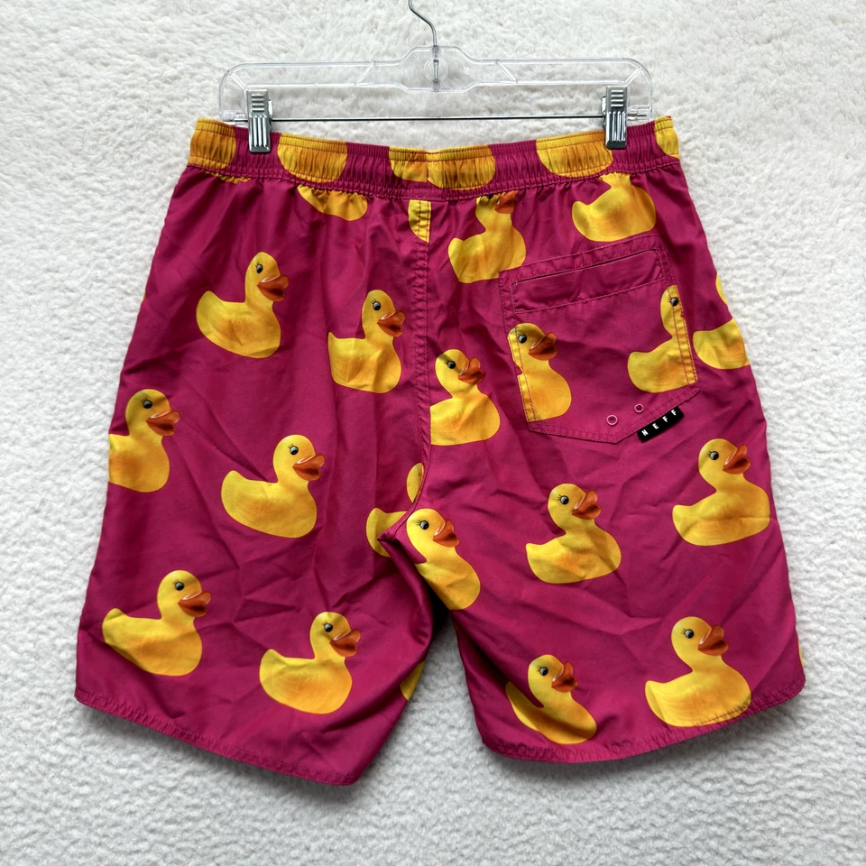 Neff Board Shorts Swim Trunks Medium Mens Pink Rubber Ducky Drawstring Pockets - Imagem 2 de 4