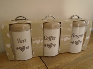 Shabby Chic Set Of 3 Tea Sugar Coffee Canisters Cream Beige