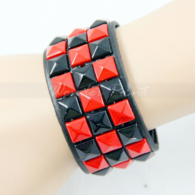 Pyramid Studded 3 Row Punk Bracelet Wrist Cuff Real Cowhide Pyramid Studded 3 Row Punk Bracelet Wrist Cuff Real Cowhide