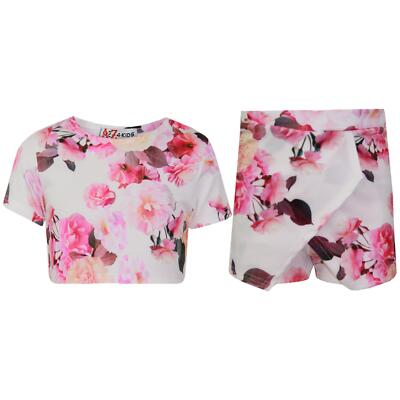 Girls Tops Flowers Print Crop Top Skort Skirt Shorts Piece
