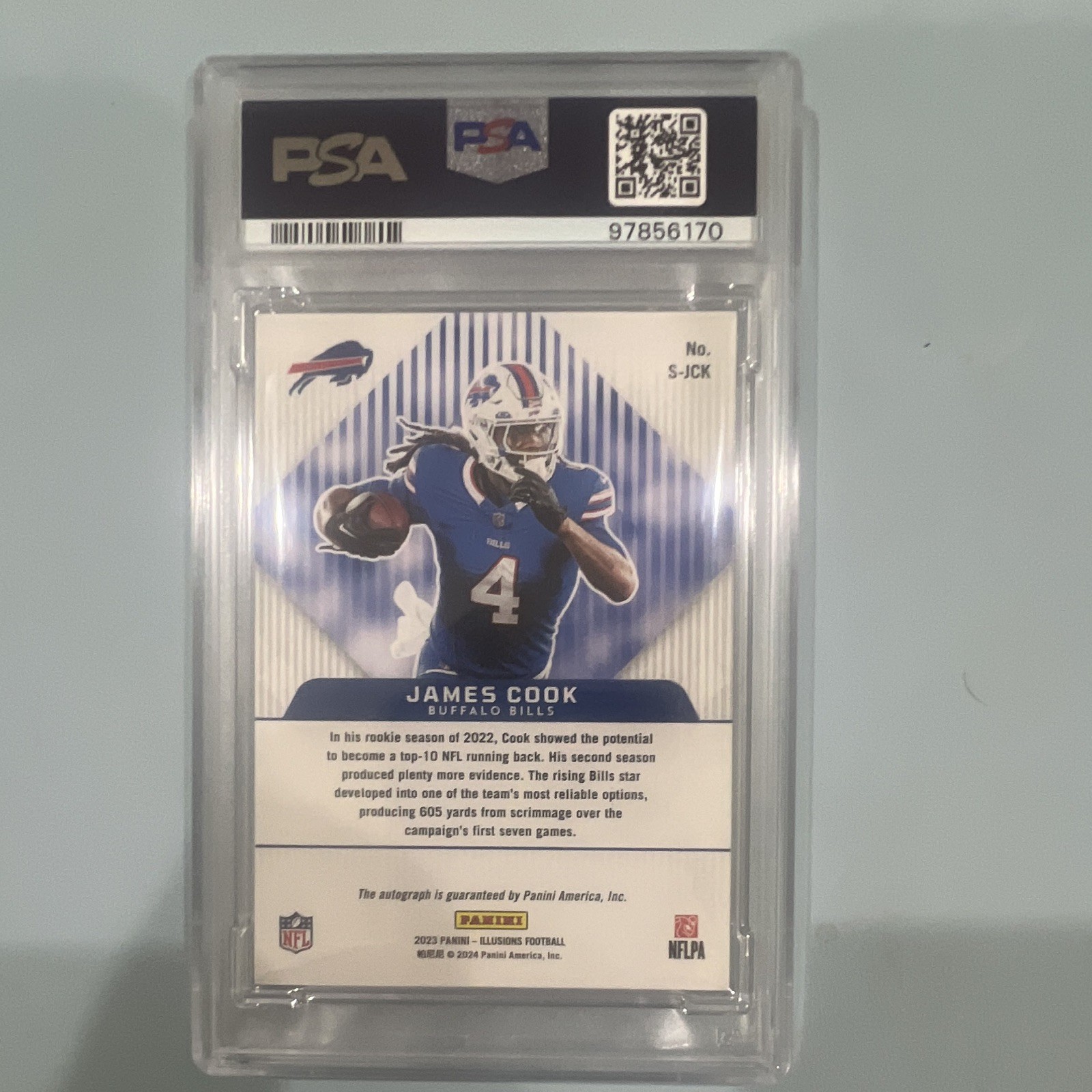 Panini 2023 Illusions Superlatives James Cook Orange Auto #S-JCK PSA 8 Bills view 2