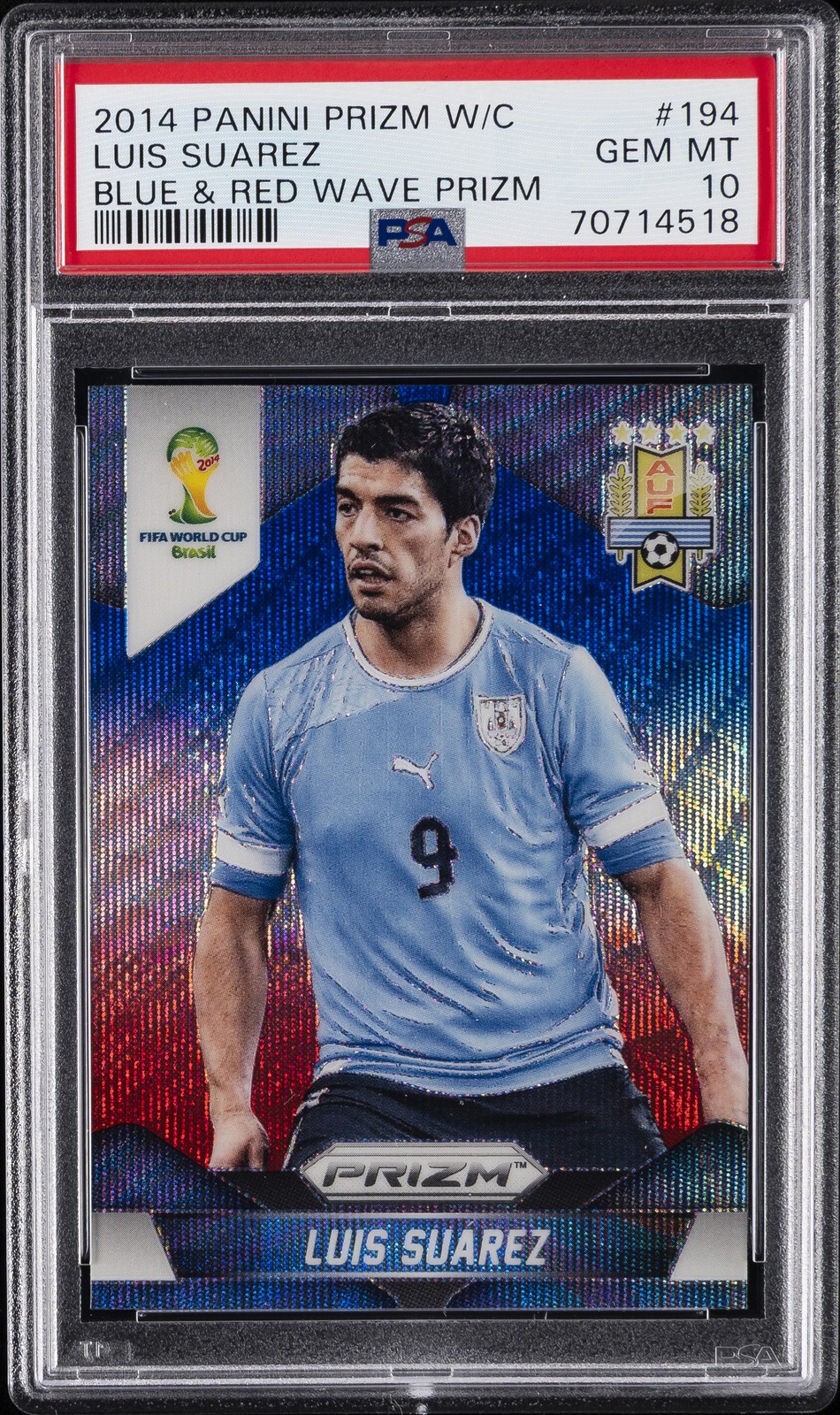 2014 PANINI PRIZM WORLD CUP BLUE & RED WAVE PRIZM #194 LUIS SUAREZ PSA 10