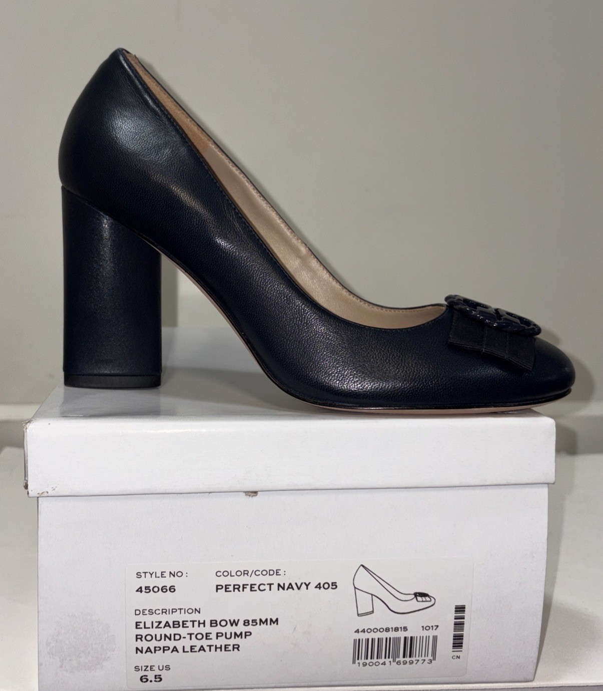 TORY BURCH  Elizabeth Bow Leather Block Heel Pumps Navy Blue Size 6.5M thumbnail 4