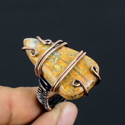 BumbleBee Jasper Gemstone Copper Wire Wrap Jewelry Ring Size 7 X-Mas Gift g053