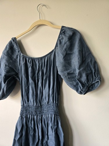 Bella Dahl Blue Puff Sleeve Smocked 100% Linen Romper Size Medium NWT $75 - Picture 6 of 7